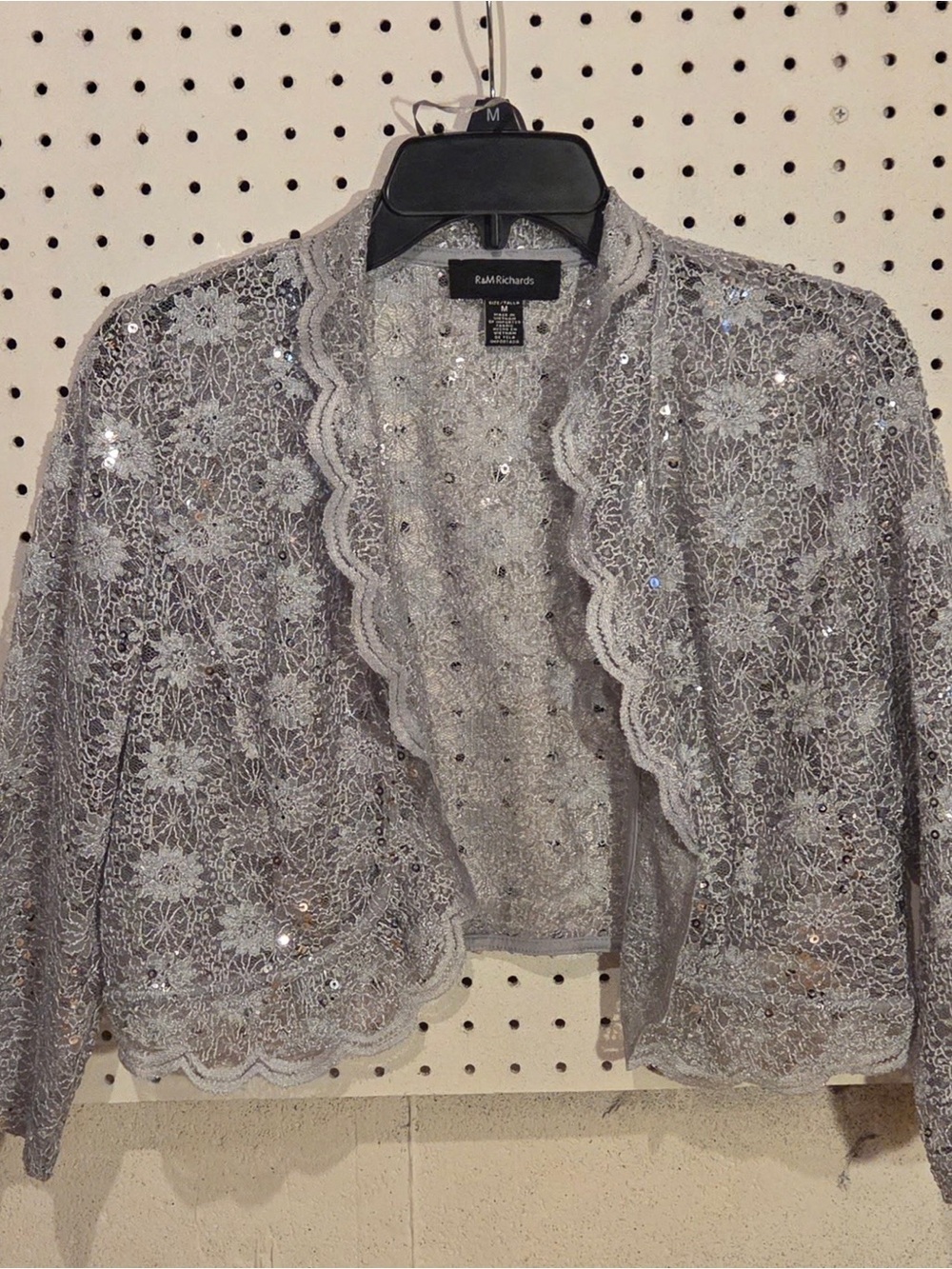 R&M Richards Silver Scalloped Lace Sequin Jacket